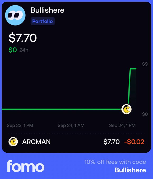 A FOMO portfolio screenshot from user "Bullishere" showing a $7.70 position in ARCMAN ($ARCMAN) with no 24h change and a -$0.002 loss, displayed alongside a promotional banner offering 10% off fees with code "Bullishere." The image illustrates the poster's small new position in ARCMAN (contract address 0x5849fd68a097b3ee7d87ce88a0fcbb76857648ff), aligning with their bullish stance on the ARC ecosystem mentioned in the post.