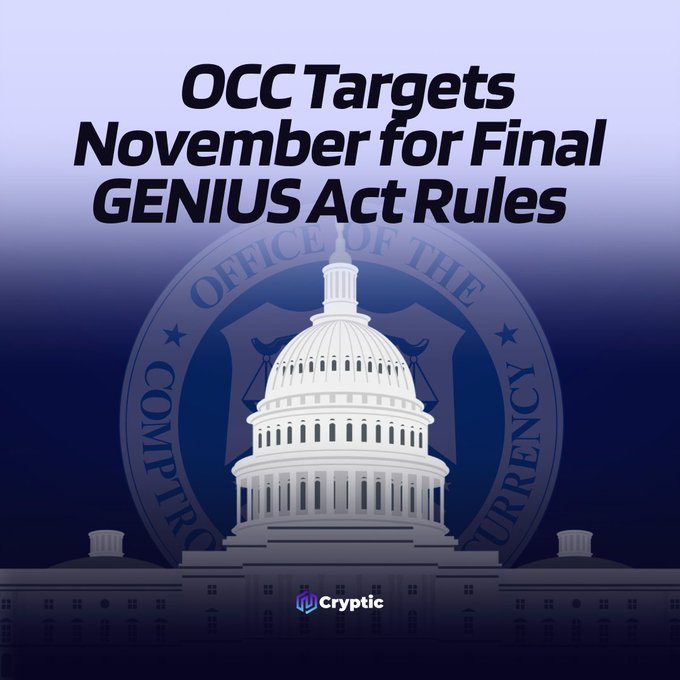 The image features the U.S. Capitol and Office of the Comptroller of the Currency seal, with the headline: “OCC Targets November for Final GENIUS Act Rules.” It illustrates Comptroller Jonathan Gould’s reported plan to incorporate crypto-industry feedback and finalize the framework by November.