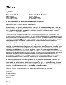 The image shows a formal letter from Block, Inc. (formerly Square), headed by billionaire Jack Dorsey, addressed to Senators John Thune and Charles E. Schumer on July 26, 2026, urging congressional support for the Digital Asset Market Clarity Act. The letter, signed by Jay Liu, Lead for Senate Floor Consideration of the Clarity Act, advocates for clear regulatory frameworks for digital assets—aligning with the post's claim that Block is pressuring Congress to pass Bitcoin and crypto legislation.