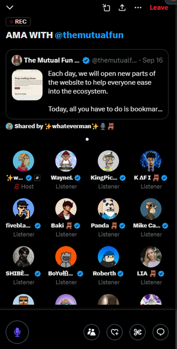 A Twitter Spaces interface shows an AMA hosted by @themutualfun with multiple listeners including WayneL, KingPic..., fiveba..., Baki, Panda, and Mike Ca... displayed with cartoon profile pictures.