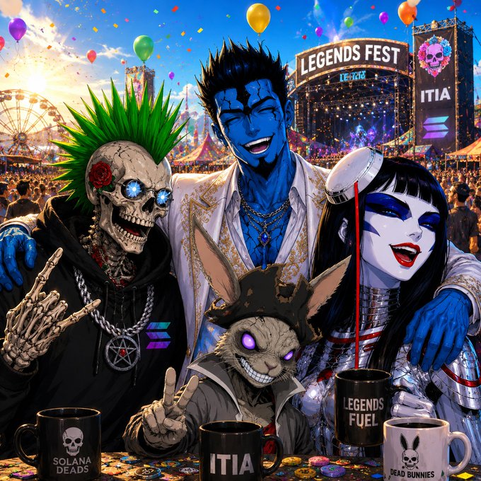 A vibrant festival scene features a punk with green mohawk, a blue-skinned smiling man in white attire, and a gothic woman, with text 'LEGENDS FEST' and merchandise mugs reading 'SOLANA DEADS', 'ITIA', 'LEGENDS FUEL', and 'DEAD BUNNIES'.