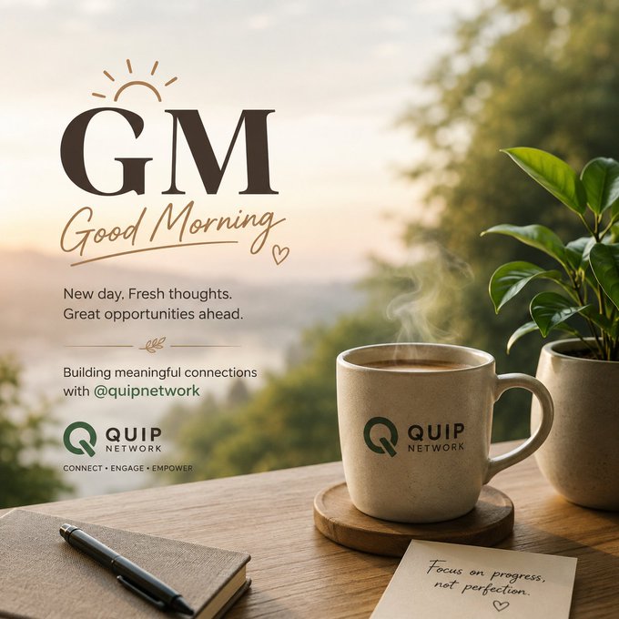A "Good Morning" graphic from "QUIP NETWORK" with the tagline "CONNECT · ENGAGE · EMPOWER," featuring a steaming coffee mug with the QUIP logo, a notebook with a pen, and a note reading "Focus on progress, not perfection," set against a blurred nature background.