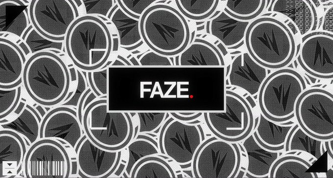 A black and white patterned graphic features repeating circular FaZe Clan logos in the background, with a central black rectangular banner displaying "FAZE." in white and red text. The image ties into the announcement about launching tokenized stocks on the ARC chain, with "faze.fun" teased as the upcoming platform.