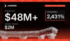 A dark promotional graphic with red accents displays financial figures including '$48M+', '$2M', and '2431%' alongside the word 'JUMPER'.
