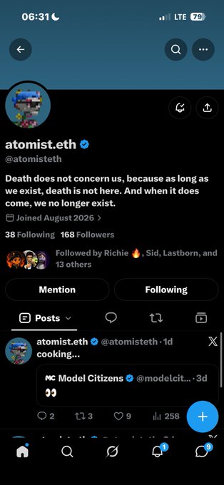 A social media profile for 'atomist.eth' displays the bio text 'Death does not concern us, because as long as we exist, death is not here. And when it does come, we no longer exist.'