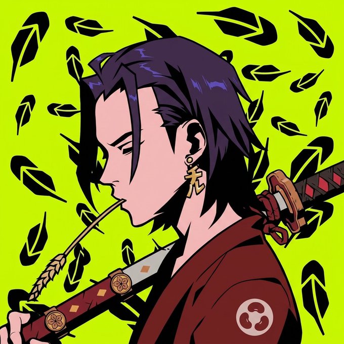 An anime-style illustration in profile of a man with dark hair, a sword on his back, biting a grass stalk, with black and green leaves scattered around him on a lime-green background.