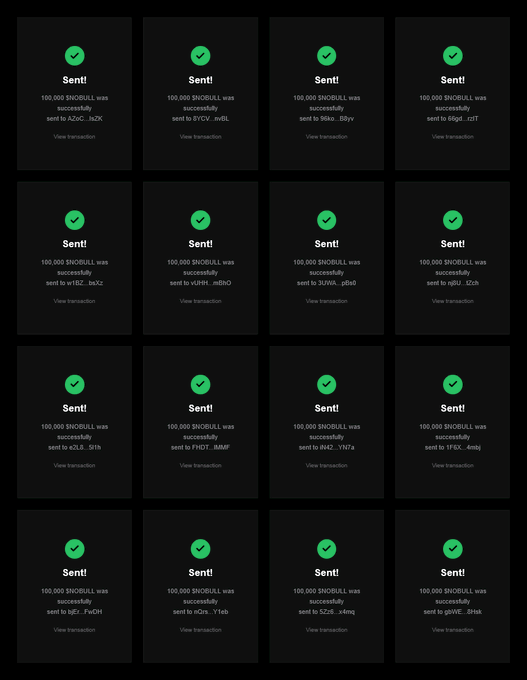 A grid of 15 transaction confirmation screens, each displaying a green checkmark with "Sent!" and confirming "100,000 $NOBULL was successfully sent" to various Solana (SOL) addresses, serving as proof of an airdrop distribution for the $NOBULL community with a presale at blindbull.xyz.