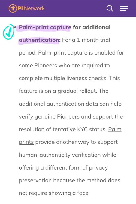 The image shows a Pi Network mobile app interface with purple header branding, displaying a section titled "Palm-print capture for additional authentication," which explains that this feature is enabled on a 1-month trial for select Pioneers requiring multiple liveness checks to verify genuine users and resolve tentative KYC status, while offering privacy by not requiring facial display. This connects to the accompanying post's theme by illustrating that Pi Network is evolving beyond a simple cryptocurrency into a broader identity and verification infrastructure, with palm-print authentication serving as a key example of its expanding human-authenticity verification and sign-in capabilities.