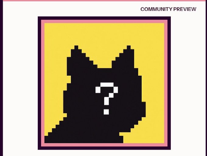 A pixel art preview labeled 'COMMUNITY PREVIEW' shows a black cat silhouette with a white question mark on its face against a yellow background.