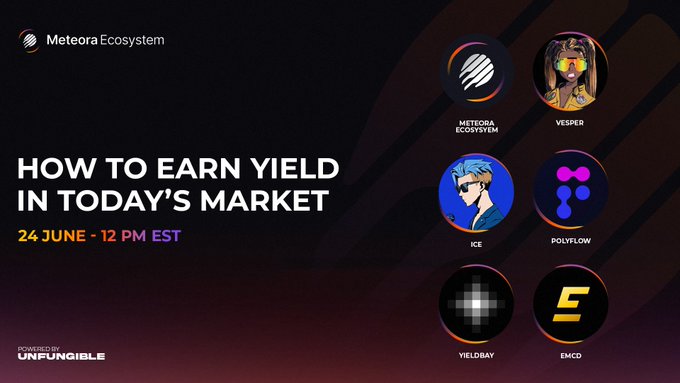 The image features a poster for an event titled "How to Earn Yield in Today's Market" scheduled for Wednesday, 24 June at 12 PM EST. The poster displays six different logos representing various cryptocurrency projects or tokens, including Bitcoin, Etherium, Ripple, Litecoin, EOS, and Polkadot. These logos are arranged in a circular pattern around the central text that reads "How to Earn Yield in Today's Market".