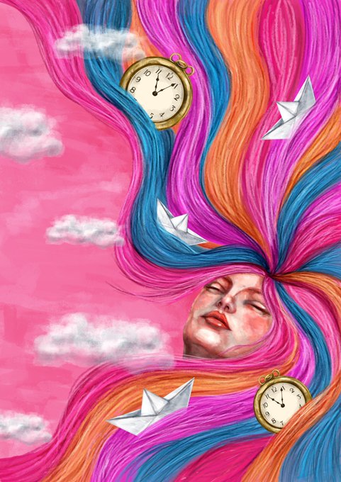 A colorful surrealist illustration featuring a woman with flowing pink, blue, and orange hair, floating clock faces, and paper airplanes set against a pink sky with clouds.