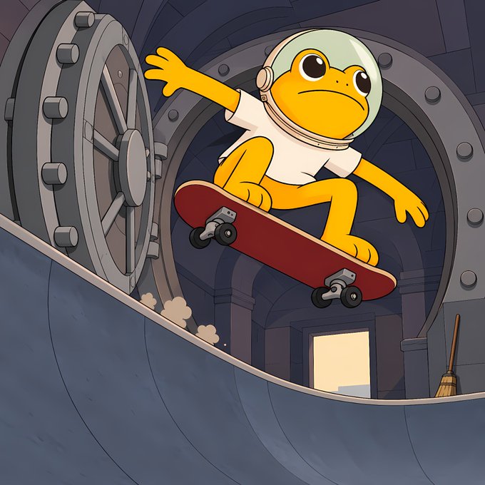 Cartoon illustration of a yellow frog character wearing a white t-shirt and clear space helmet, riding a red skateboard on a curved concrete halfpipe inside what appears to be a large industrial vault or tunnel.