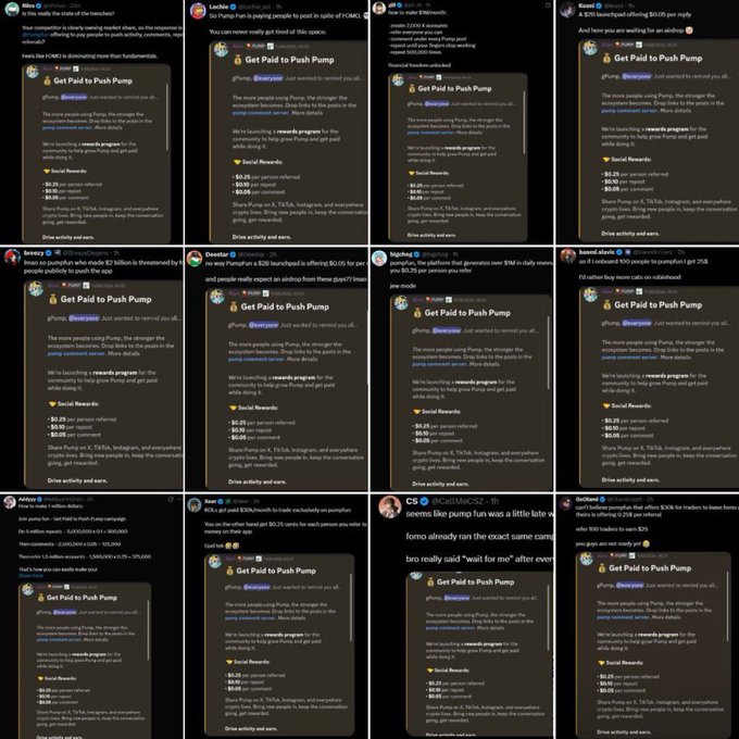 A collage of social media posts and tweets discussing the cryptocurrency meme '$PUMP', detailing its ecosystem, referral rewards, and recent market performance.