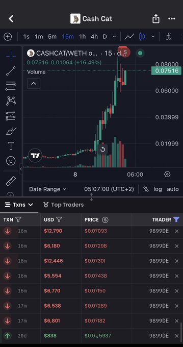 A DexScreener chart of the $CASHCAT/WETH pair showing a recent +16.49% price increase to 0.07516, with a transaction log below listing multiple sales by wallet "9899DE" between $5,500–$12,790, including the final exit at $838 (20d), visually supporting the post's narrative of the wallet's massive profit-taking after holding through the token's surge.