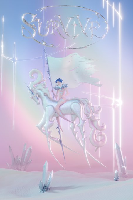 A pastel 3D-rendered artwork titled 'SURVIVE' in crystalline text, depicting a blue-haired figure on a white horse with flowing pink ribbons and a banner, surrounded by glowing crystals and a pink-and-blue sky.