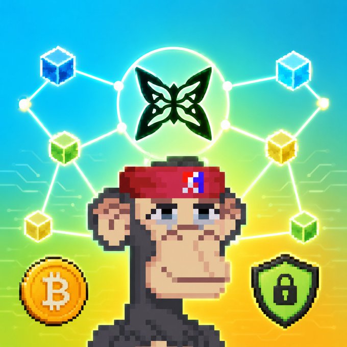 A pixel art illustration of a monkey wearing a red bandana, featuring the Quip Network butterfly logo surrounded by connected cubes, with a Bitcoin coin and security shield icons at the bottom.