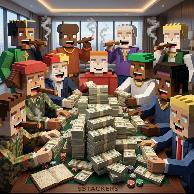 A Minecraft-style digital artwork depicting blocky characters smoking cigars and playing cards around a table overflowing with stacks of money and poker chips, with '$TACKERS' at the bottom.