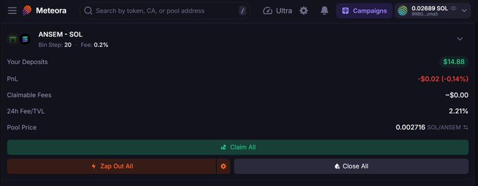 A screenshot of the Meteora crypto platform showing an 'ANSEM - SOL' pool with a TVL of $14.88, a PnL of -$0.02, and a pool price of 0.002716 SOL/ANSEM.