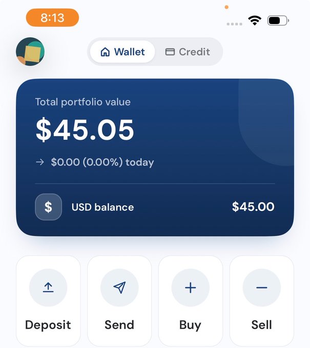 A mobile crypto wallet app showing a total portfolio value of $45.05, a USD balance of $45.00, with Deposit, Send, Buy, and Sell action buttons.