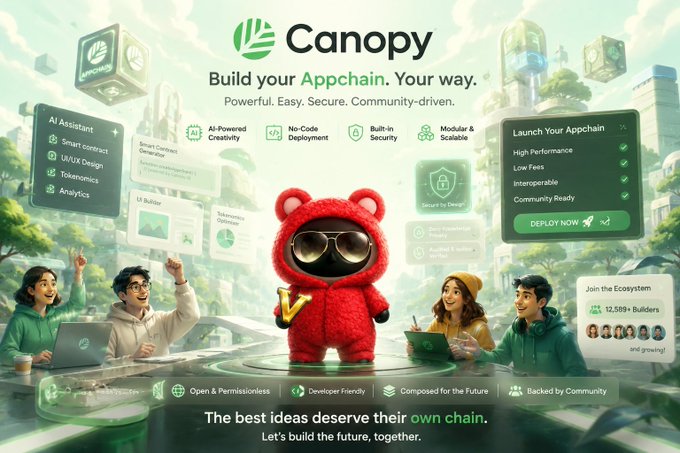 The image features a cartoon character dressed as a red bear standing next to a group of people who are wearing sunglasses. The caption reads "Canopy", which is related to the concept of building an appchain, and there's also text about Canopy Network that talks about how it makes it easy for anyone to launch their own appchain.