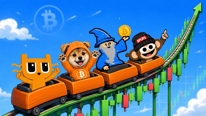 Cartoon illustration of a dog in a wizard hat and two other characters riding a roller coaster shaped like a rising Bitcoin price chart with green candlesticks.