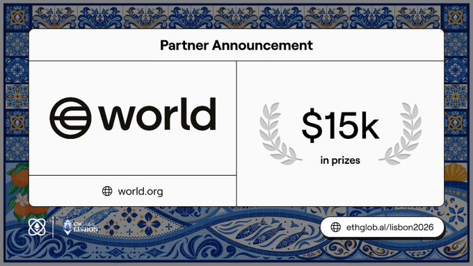 A Partner Announcement graphic featuring the World ($world) logo with a $15k prize bounty, set against a blue patterned border with the URL 'ethglob.al/lisbon2026' displayed.