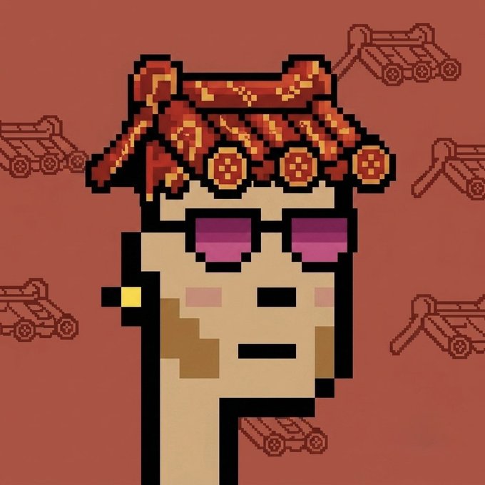 Pixel art depicts a character with red curly hair and purple sunglasses against a red background with faint cannon illustrations.