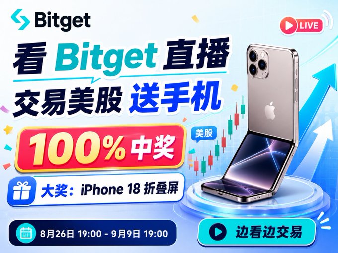 A promotional advertisement for Bitget features Chinese text promoting live streaming and US stock trading with an iPhone giveaway, showing an iPhone 18 foldable phone and stock chart graphics.
