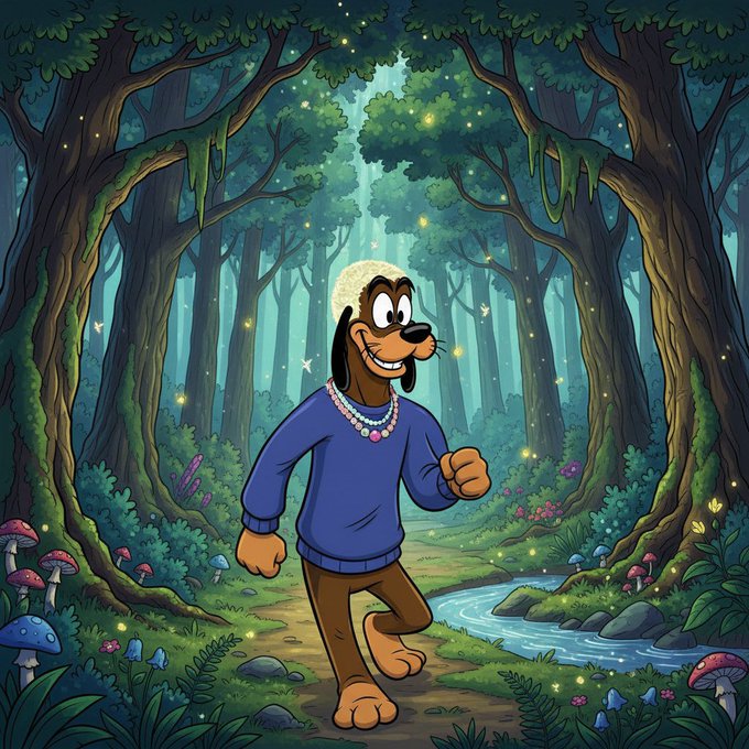 A cartoon illustration of an anthropomorphic brown dog wearing a blue sweater and beaded necklace, walking through a magical forest with glowing lights, mushrooms, and a stream.