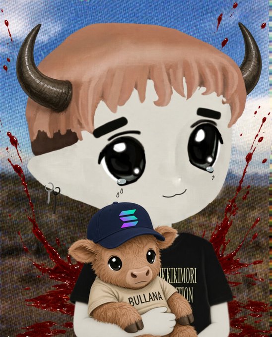 A digital illustration of a chibi-style character with horns holding a stuffed bull wearing a cap and a 'BULLANA' shirt, with blood splatter effects and partial text '...KKIKIMORI' and '...TION' visible on clothing.