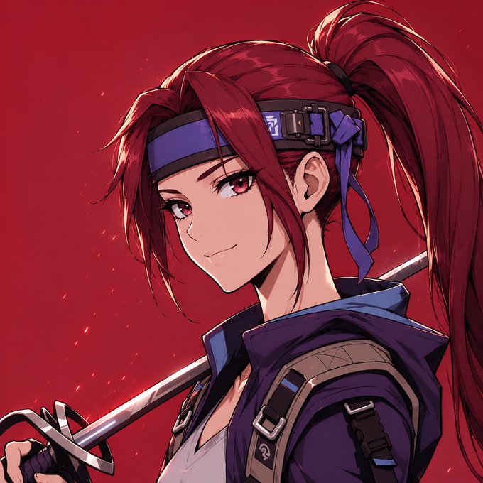 An anime-style illustration of a red-haired character with a ponytail, blue headband, and dark outfit, holding a sword against a red background.