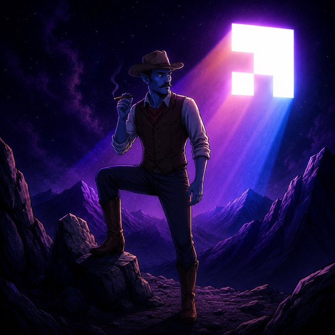 The image features a man dressed as a cowboy, standing on a rock with his back turned towards the camera. He has a cigarette in his mouth and is wearing a hat. The background of the image shows mountains under a purple sky, creating an atmosphere reminiscent of a western movie or a painting depicting a cowboy scene. The post includes text that reads "NEON PRIMALS MINT ALERT The only authentic Primals collection on Solana drops TOMORROW, June 15, via @LaunchMyNFT". This suggests that the image is related to a digital art piece or a promotional material for an online store selling digital art and collectibles.