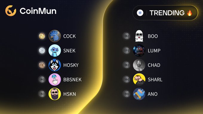 The image displays a "Top 10 Trending" leaderboard from CoinMun featuring Cardano meme coins ranked 1-10, with $COCK at #1, followed by $SNEK, $HOSKY, $BBSNEK, $HSKN, $BOO, $LUMP, $CHAD, $SHARL, and $ANO, each accompanied by their respective social media handles.