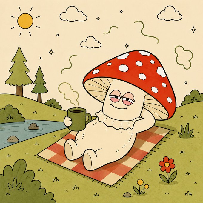 The image features a mushroom character sitting on a blanket outdoors with a cup of coffee next to them. The background includes trees, flowers, and a river, creating a serene and relaxing atmosphere. The caption "full of relaxation #solana #web3 #pump #crypto" suggests that the mushroom is enjoying its time in nature, possibly taking a break from its usual mushroom-related activities or simply appreciating the beauty around it.