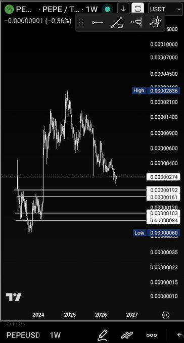 A weekly trading chart for the PEPE/USDT pair showing a downtrend from its high around 0.000002836 to a low near 0.0000006, with current price at 0.000000274.