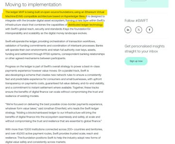 A document titled 'Moving to Implementation' discussing Swytch's proposal to the Ethereum Virtual Machine (EVM) and Request for Technology (RFT) regarding interoperability and scaling, with some text highlighted in yellow.