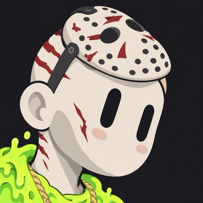 A digital illustration of a character wearing a hockey mask resembling Jason Voorhees, with rosy cheeks and green slime at the bottom, set against a black background.