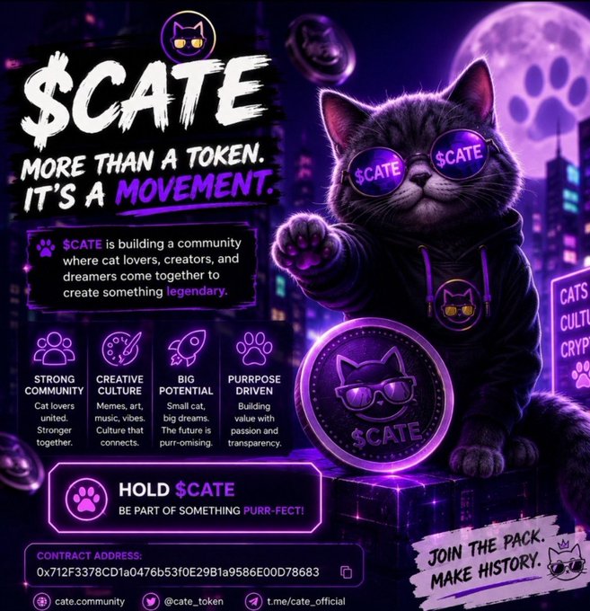A neon purple promotional graphic for '$CATE' features a cat wearing sunglasses beside a branded coin, with text reading 'More than a token. It's a movement' and listing features like 'Strong Community,' 'Creative Culture,' 'Big Potential,' and 'Purpose Driven,' along with a contract address and social handles.