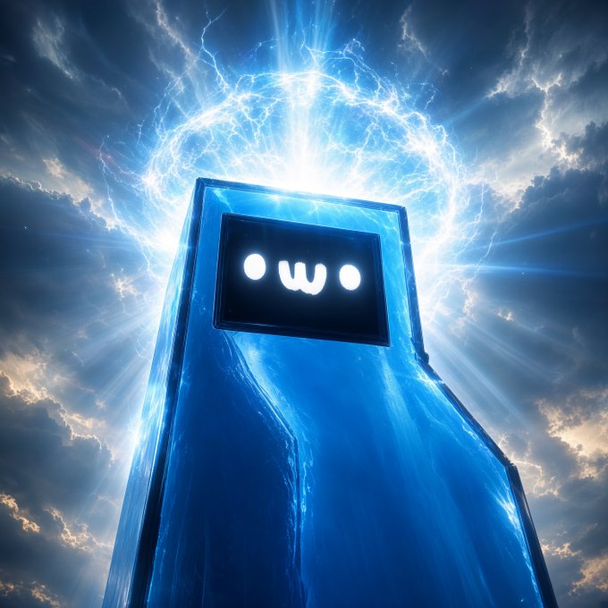 A towering, monolithic blue robot with a simple digital smiley face (•w•) looms against a stormy sky crackling with electric energy, evoking a powerful, godlike machine. The robot's massive scale and electrifying aura visually amplify the post's declaration that "Robinhood machines are undeniable."