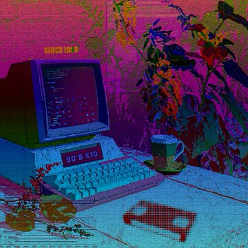 A retro vaporwave-style image of a vintage 90's Kid computer setup with a CRT monitor, keyboard, coffee mug, and cassette tape on a desk against pink and teal walls.