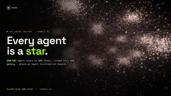 A promotional graphic for Termix AI featuring 'THE AGENT GALAXY · TERMIX.AI' with the headline 'Every agent is a star' and '255,157 agent stars on BNB Chain' displayed against a cosmic background.