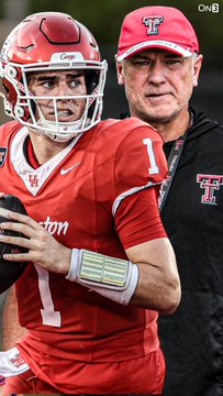 Texas Tech quarterback Behren Morton (No. 1) throws a pass alongside coach Joey McGuire, who wears a Texas Tech "T" cap, highlighting the Red Raiders' role as home favorites in their Top-25 matchup against Houston.