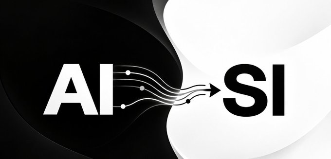 The graphic visually represents the concept of AI evolving into SI (Super Intelligence), with the letters "AI" in white transforming through flowing circuit-like pathways into a bold "SI" — perfectly illustrating the post's claim about the transition from Artificial Intelligence to Super Intelligence and The New Meta's upcoming Poolz Pad launch in 2026.