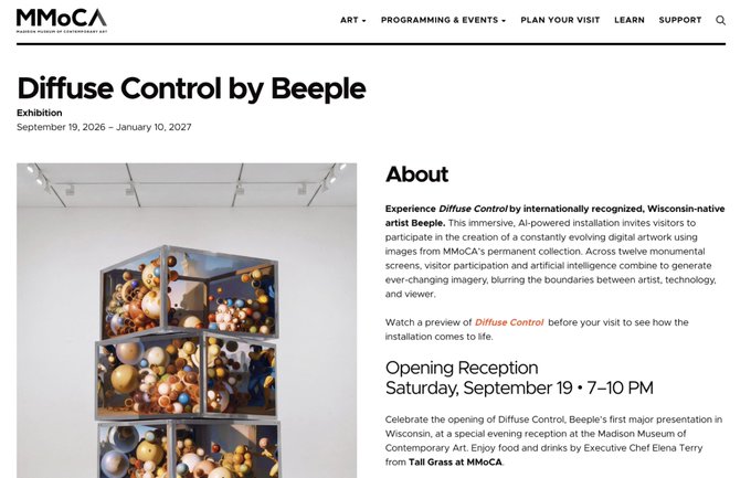 A promotional webpage for "Diffuse Control by Beeple" at MMoCA (Madison Museum of Contemporary Art), an AI-powered art installation running September 19, 2026 – January 10, 2027, with an opening reception on Saturday, September 19, 7-10 PM at 227 State Street, Madison, featuring a tower-like sculpture of stacked cubes filled with colorful spheres and screens.