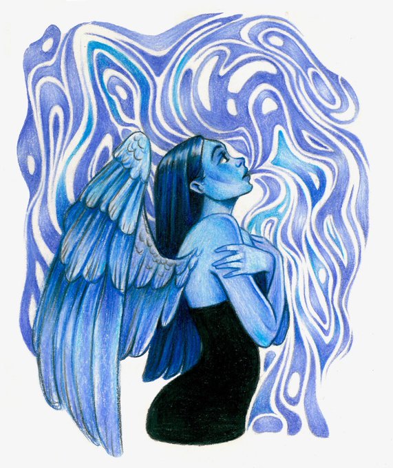A pencil and colored pencil drawing of a blue-skinned figure with large wings, looking upward amidst swirling blue abstract patterns.
