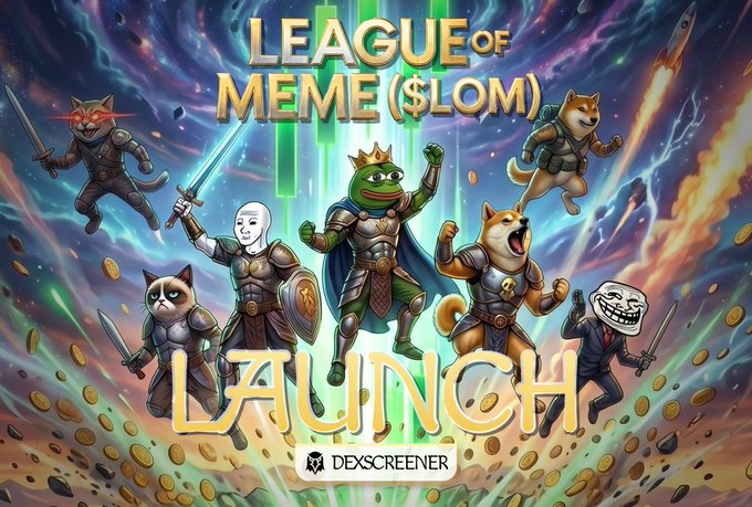 A vibrant promotional image announcing the "League of Meme ($LOM) Launch" features Pepe the Frog crowned as a king alongside warriors like Grumpy Cat, Doge, Shiba Inu, and Trollface, all wielding weapons in a cosmic battlefield of lightning and rockets. The artwork ties directly to the post by framing iconic internet memes as heroic champions ready to "fight" in the meme economy, with Dexscreener branding and links for joining the launch.