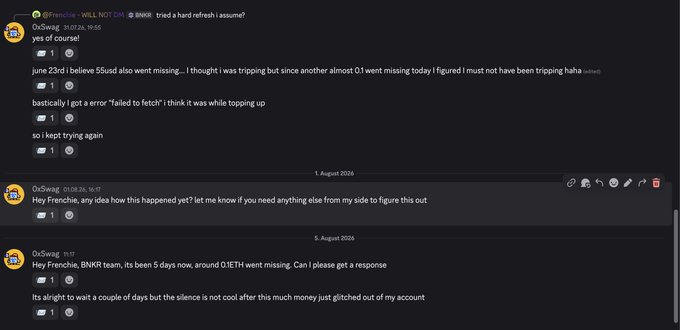 A Discord support thread showing user OxSwag reporting missing 0.1 ETH from their BNNR/llm bot wallet, with repeated failed transaction errors ("Failed to fetch") following a 0.1 ETH deduction, and no team response since August 1 despite 5 days of silence after funds were taken from their account.