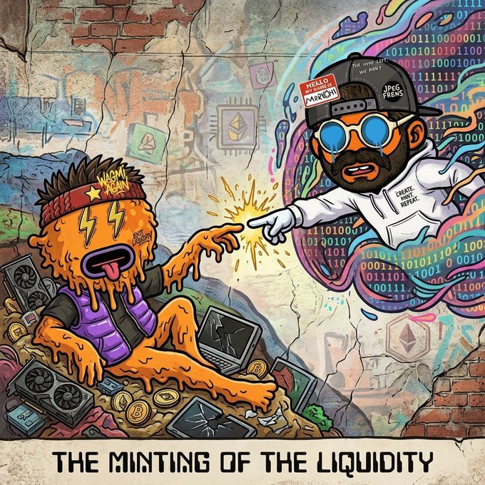 A colorful, stylized digital artwork titled 'THE MINTING OF THE LIQUIDITY' shows a melting orange character and a figure in a cap surrounded by crypto symbols and binary code.