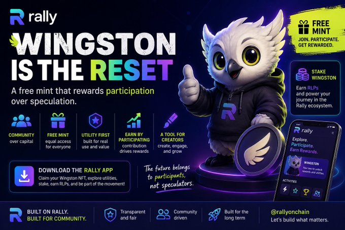 A promotional graphic for Rally's "Wingston" NFT free mint featuring a cartoon white owl mascot in a black hoodie giving a thumbs-up, with key features listed: community over capital, free mint, utility first, and earn by participating. The image illustrates the post's message about Wingston being a Web3 project that rewards participation and utility over speculative floor-price trading.