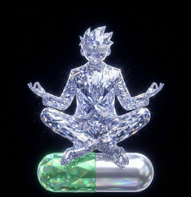 A crystalline humanoid figure wearing sunglasses and a suit adorned with the letter "M" sits in a meditative lotus pose atop a large green and clear pill capsule, evoking a zen-like calm amid financial intensity. The image visually reinforces the "Be more bullish" message by depicting an unshakably composed, diamond-hard investor fully committing to the bull's pharmaceutical-fueled high.